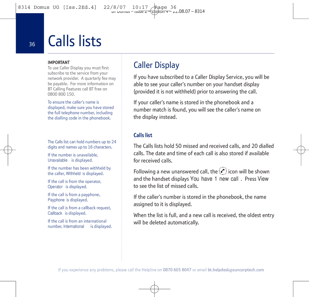 BT BT Domus manual Calls lists, Caller Display 