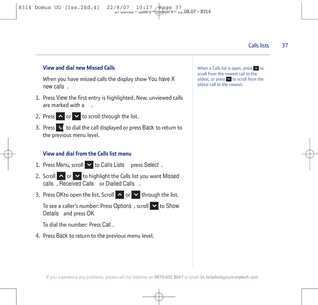 BT BT Domus manual View and dial new Missed Calls, View and dial from the Calls list menu 