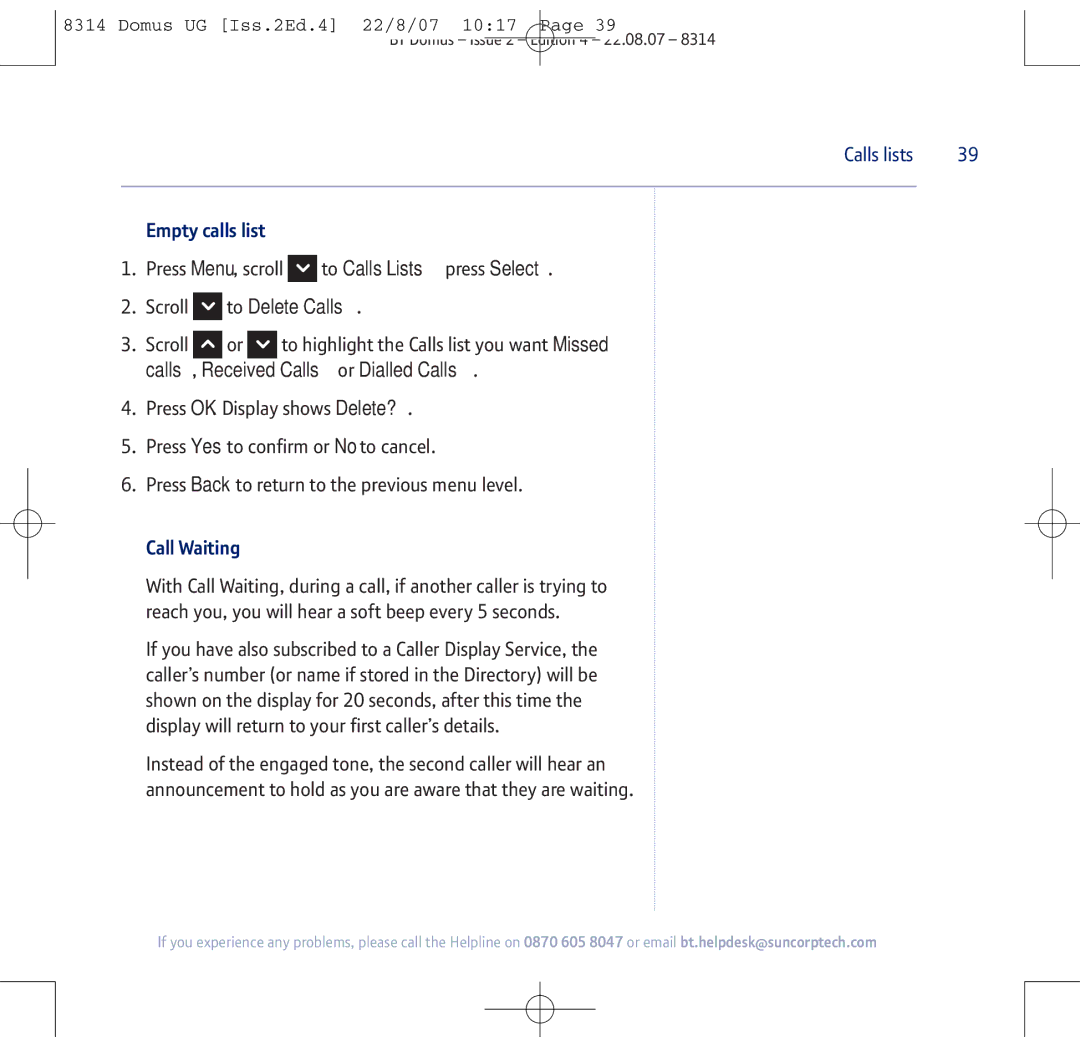 BT BT Domus manual Empty calls list, Call Waiting 