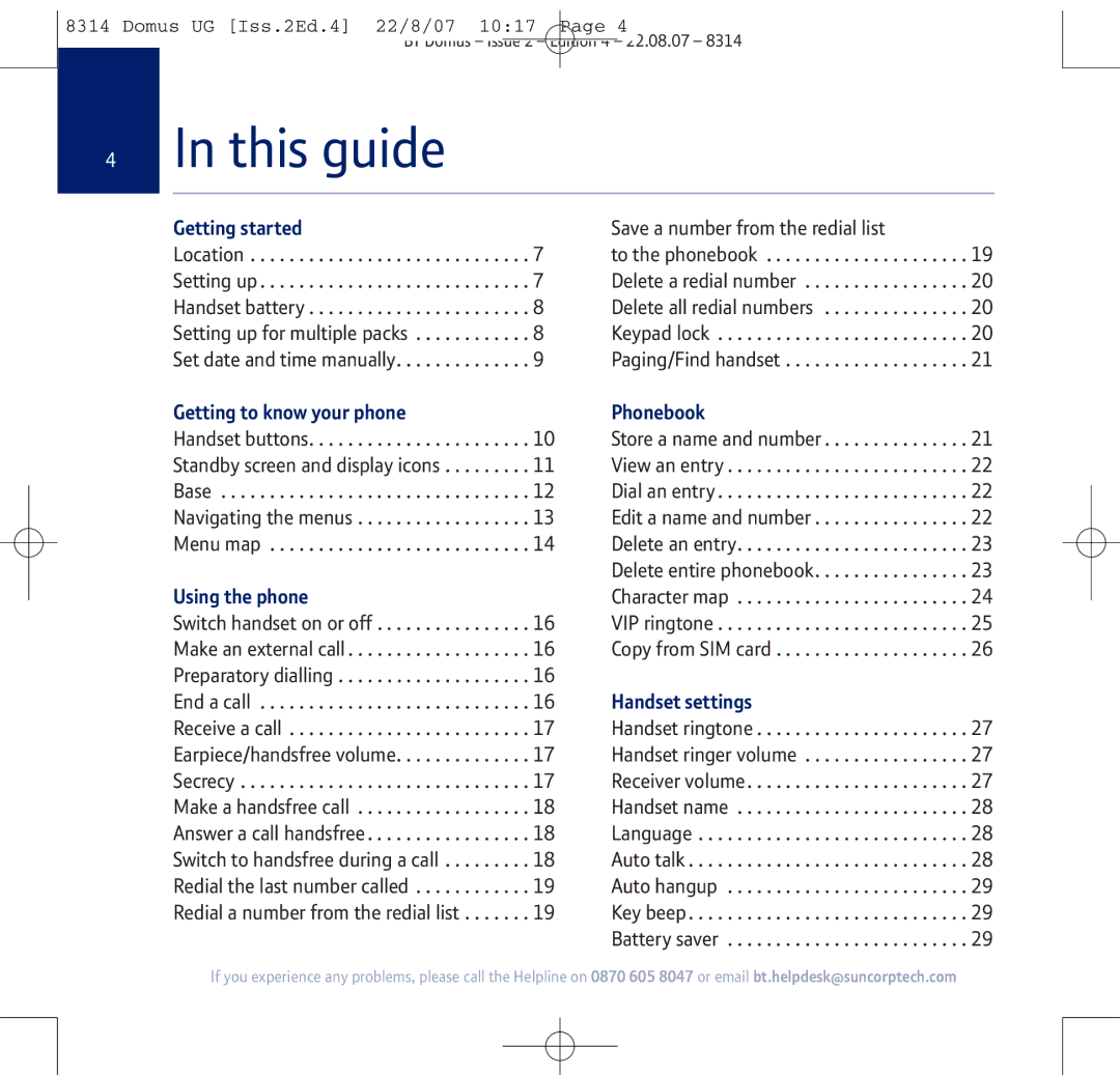 BT BT Domus manual This guide, Getting started, Getting to know your phone Phonebook, Using the phone, Handset settings 