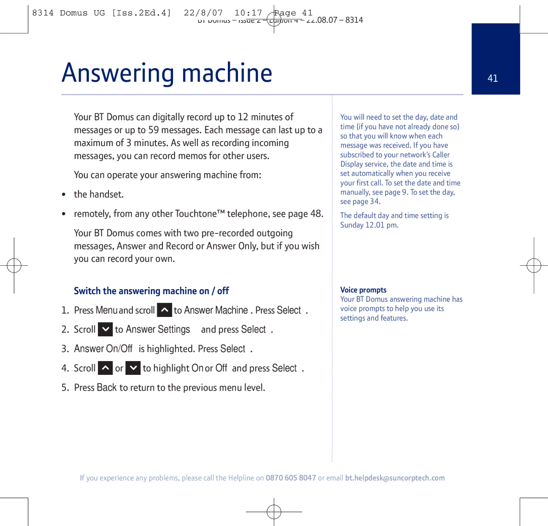 BT BT Domus manual Answering machine, Switch the answering machine on / off, Voice prompts 