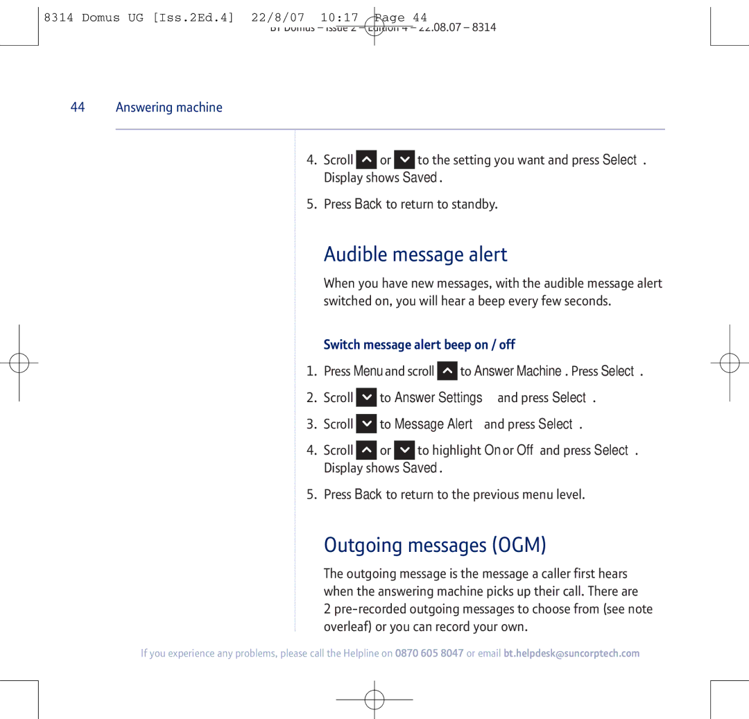 BT BT Domus manual Audible message alert, Outgoing messages OGM, Switch message alert beep on / off 