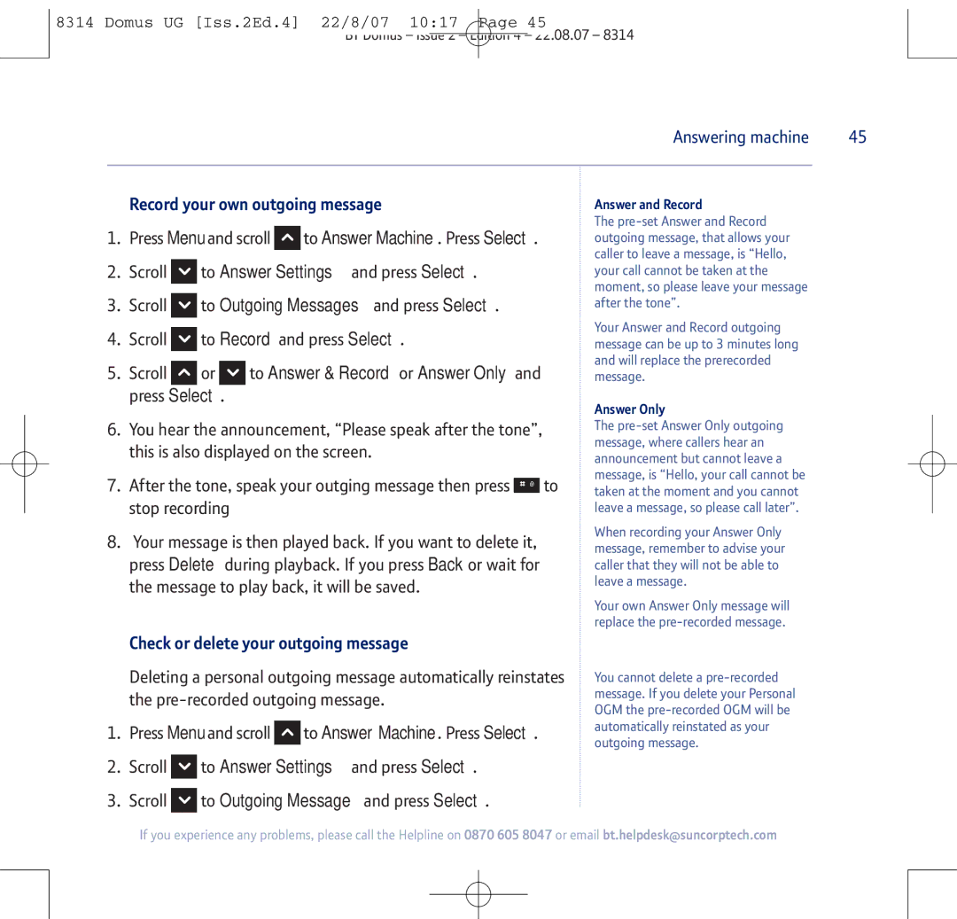 BT BT Domus manual Scroll to Outgoing Messages and press Select, Scroll to Outgoing Message and press Select 