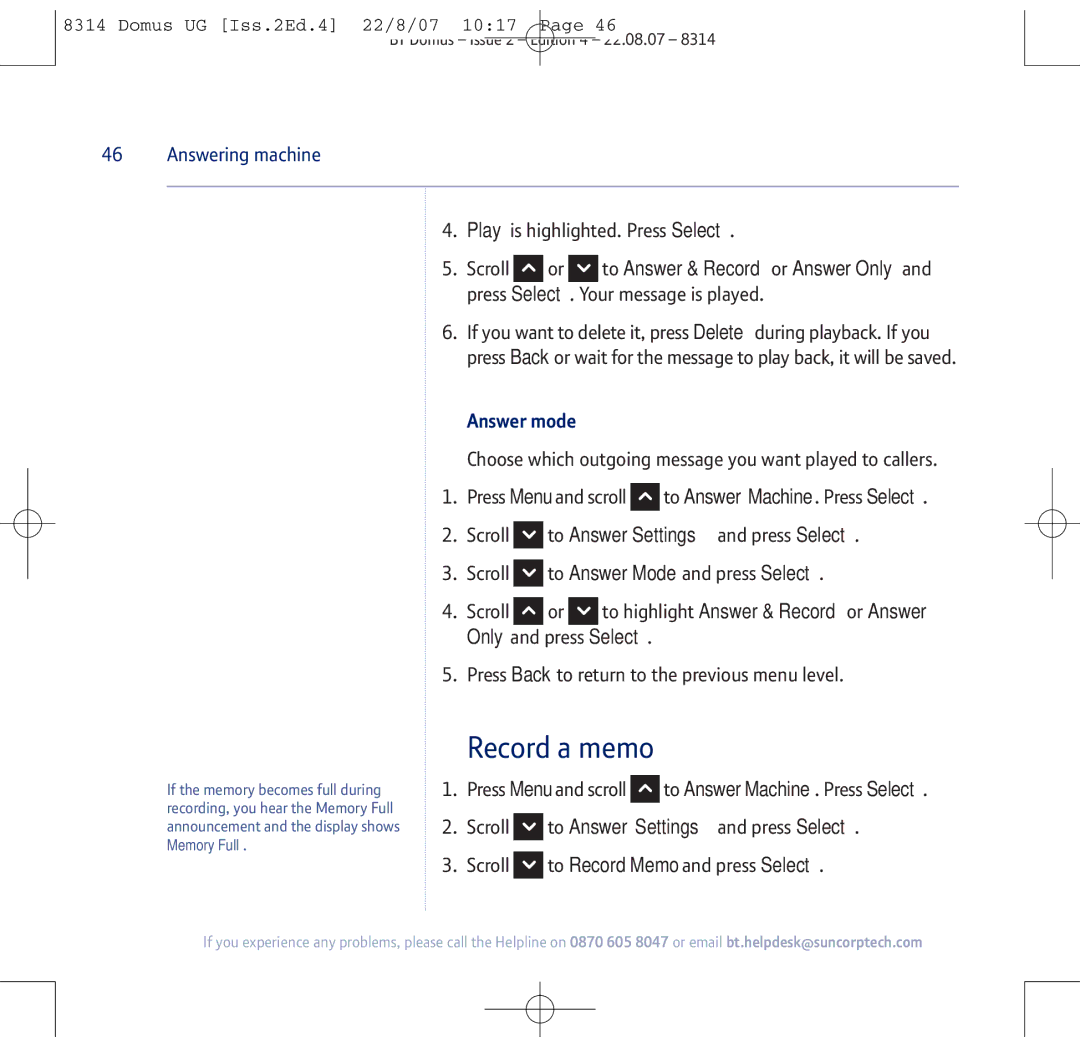 BT BT Domus manual Record a memo, Answer mode, Scroll Press, Scroll to Record Memo and press Select 