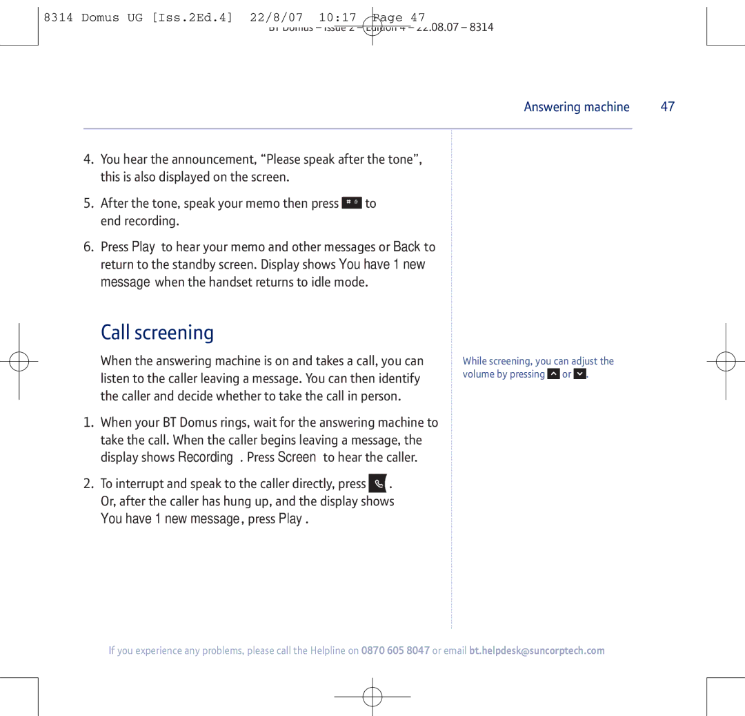 BT BT Domus manual Call screening, You have 1 new message, press Play 