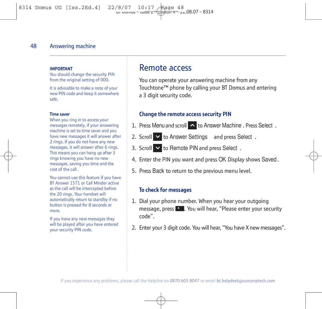 BT BT Domus manual Remote access, Change the remote access security PIN, To check for messages, Time saver 