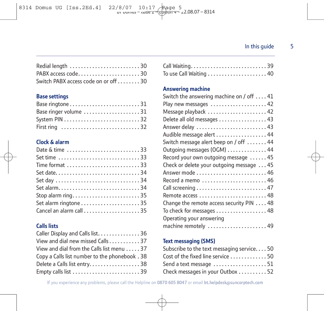 BT BT Domus manual Answering machine Base settings, Clock & alarm, Calls lists, Text messaging SMS 