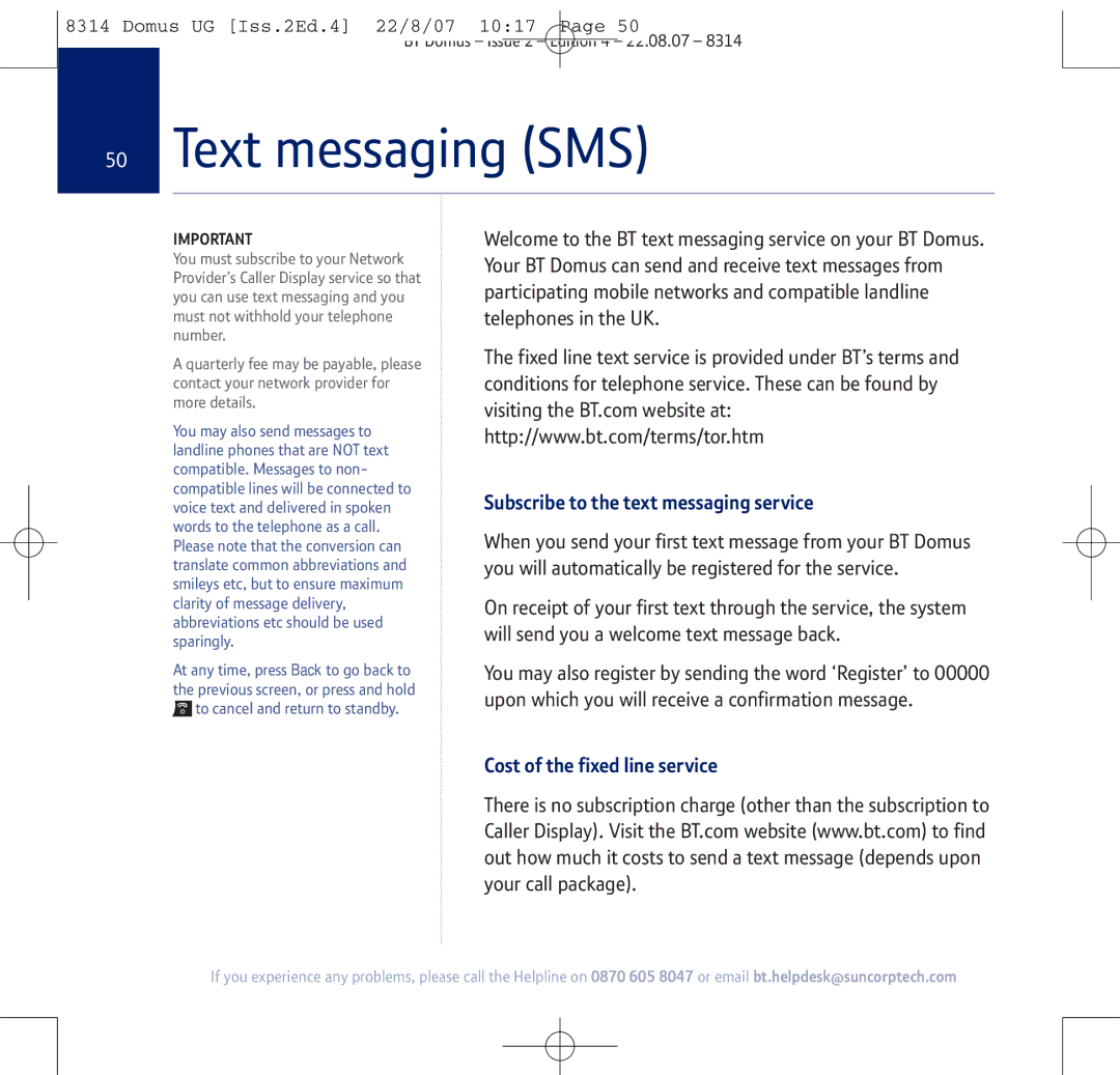 BT BT Domus manual Text messaging SMS, Subscribe to the text messaging service, Cost of the fixed line service 