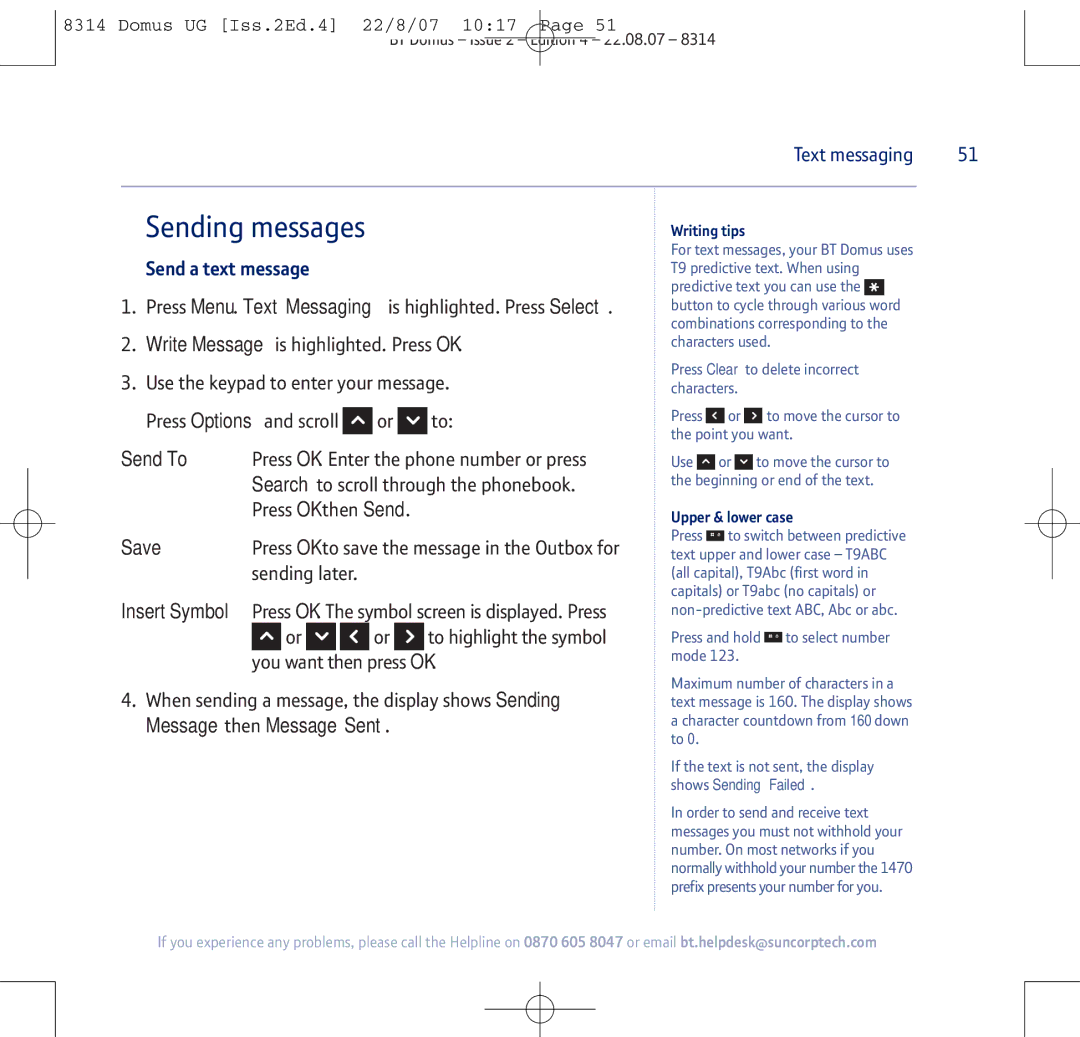 BT BT Domus manual Sending messages, Send To, Save, Send a text message 