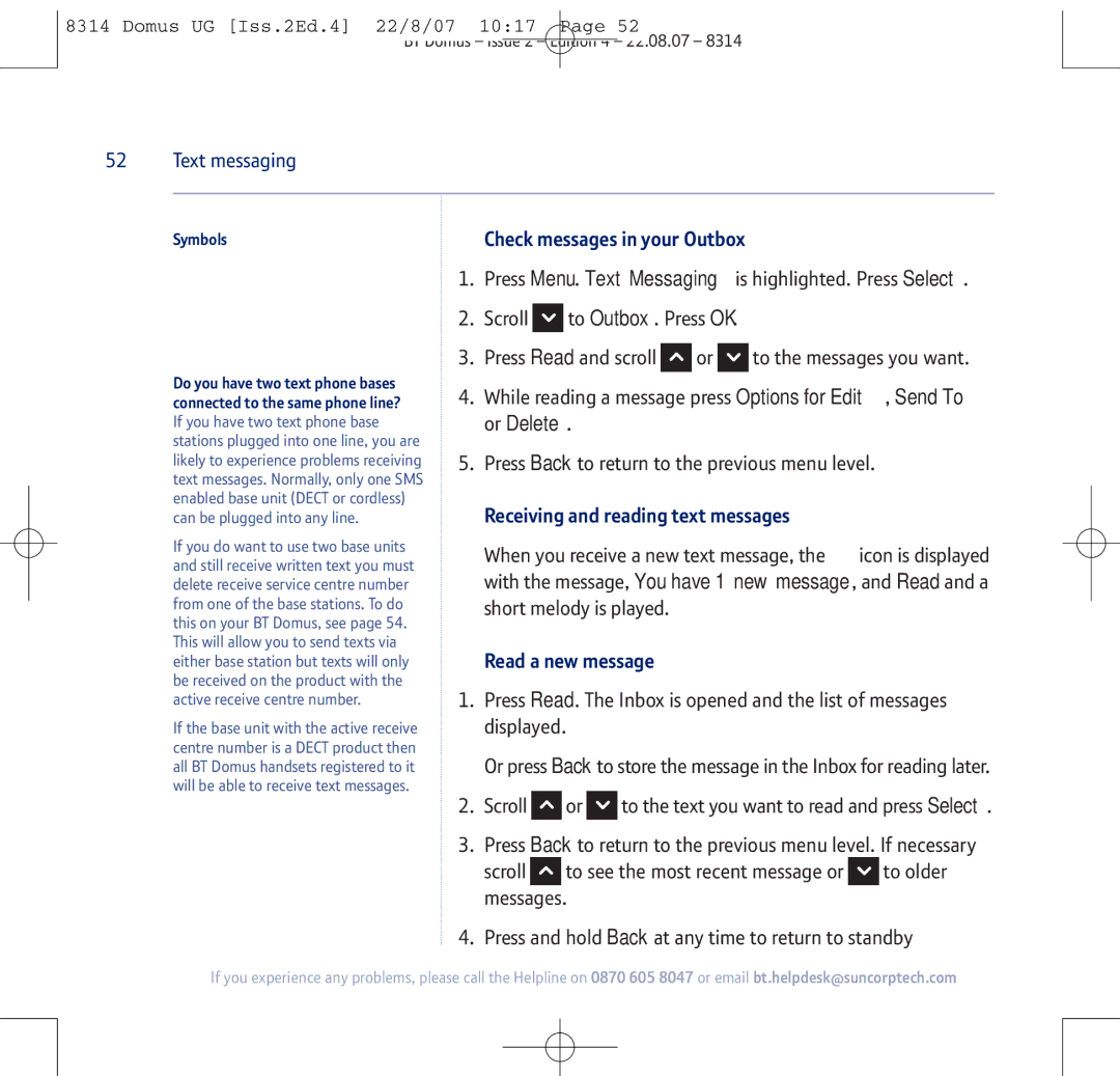 BT BT Domus manual Check messages in your Outbox, Receiving and reading text messages, Read a new message, Symbols 