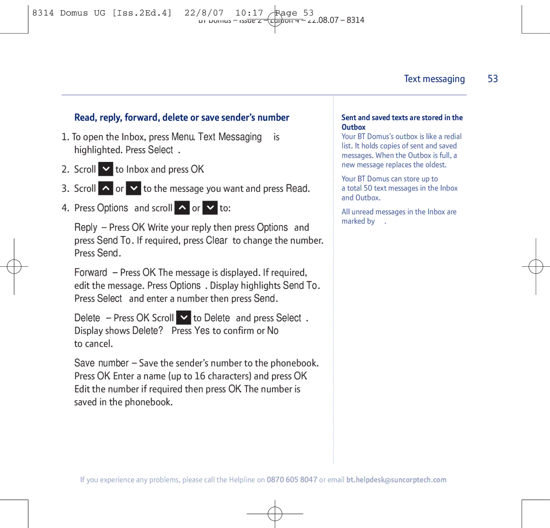 BT BT Domus manual Read, reply, forward, delete or save sender’s number, Sent and saved texts are stored in the Outbox 