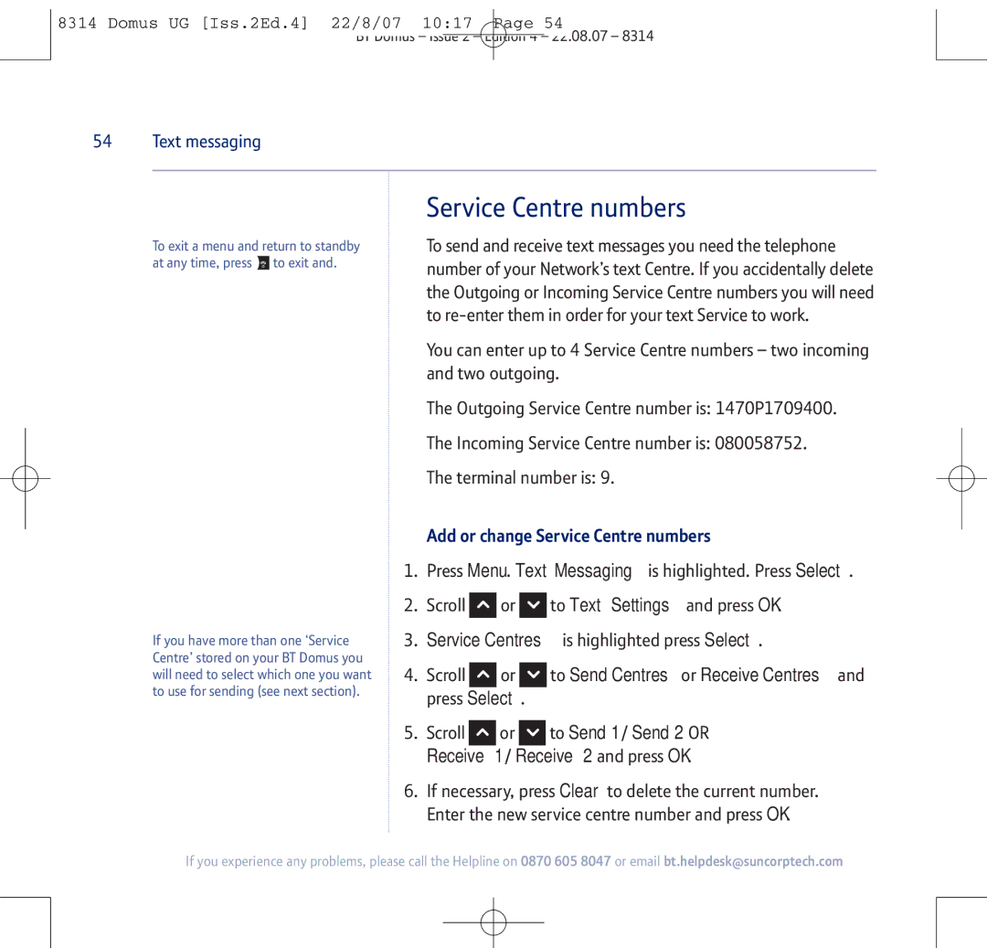 BT BT Domus manual Service Centre numbers, Service Centres is highlighted press Select, Receive 1 / Receive 2 and press OK 