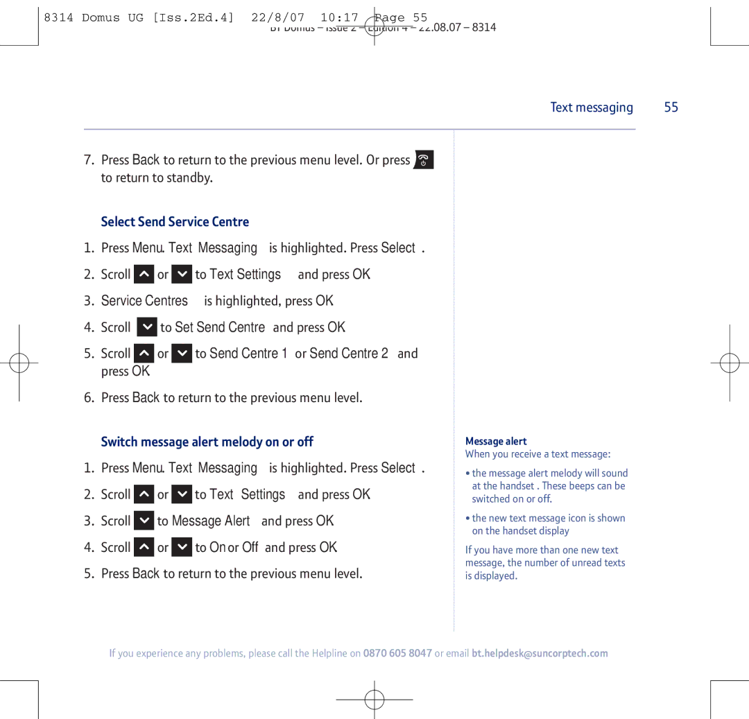 BT BT Domus manual Select Send Service Centre, Switch message alert melody on or off, Message alert 