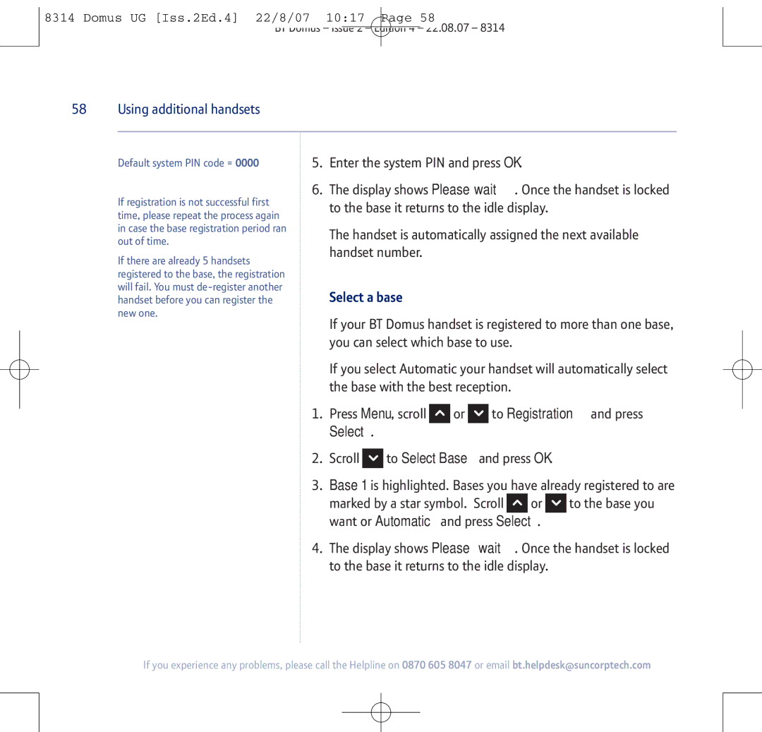 BT BT Domus manual To Registration and press, Select a base 