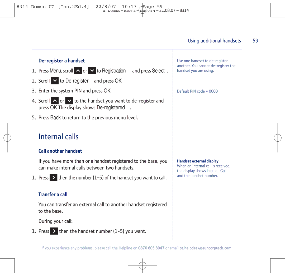 BT BT Domus manual Internal calls, Menu Registration Select, Call another handset, Transfer a call 