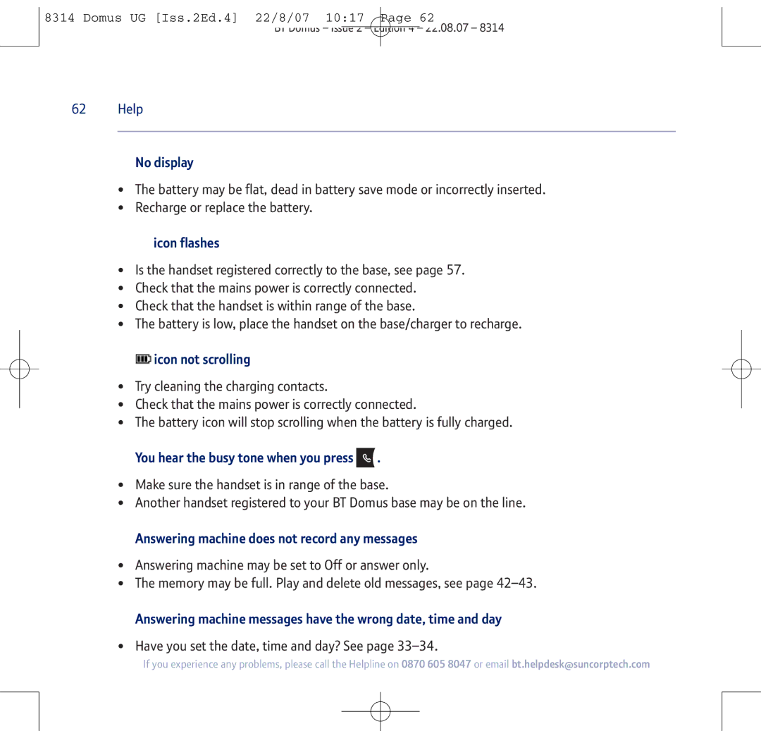 BT BT Domus manual No display, Icon flashes, Icon not scrolling, You hear the busy tone when you press 