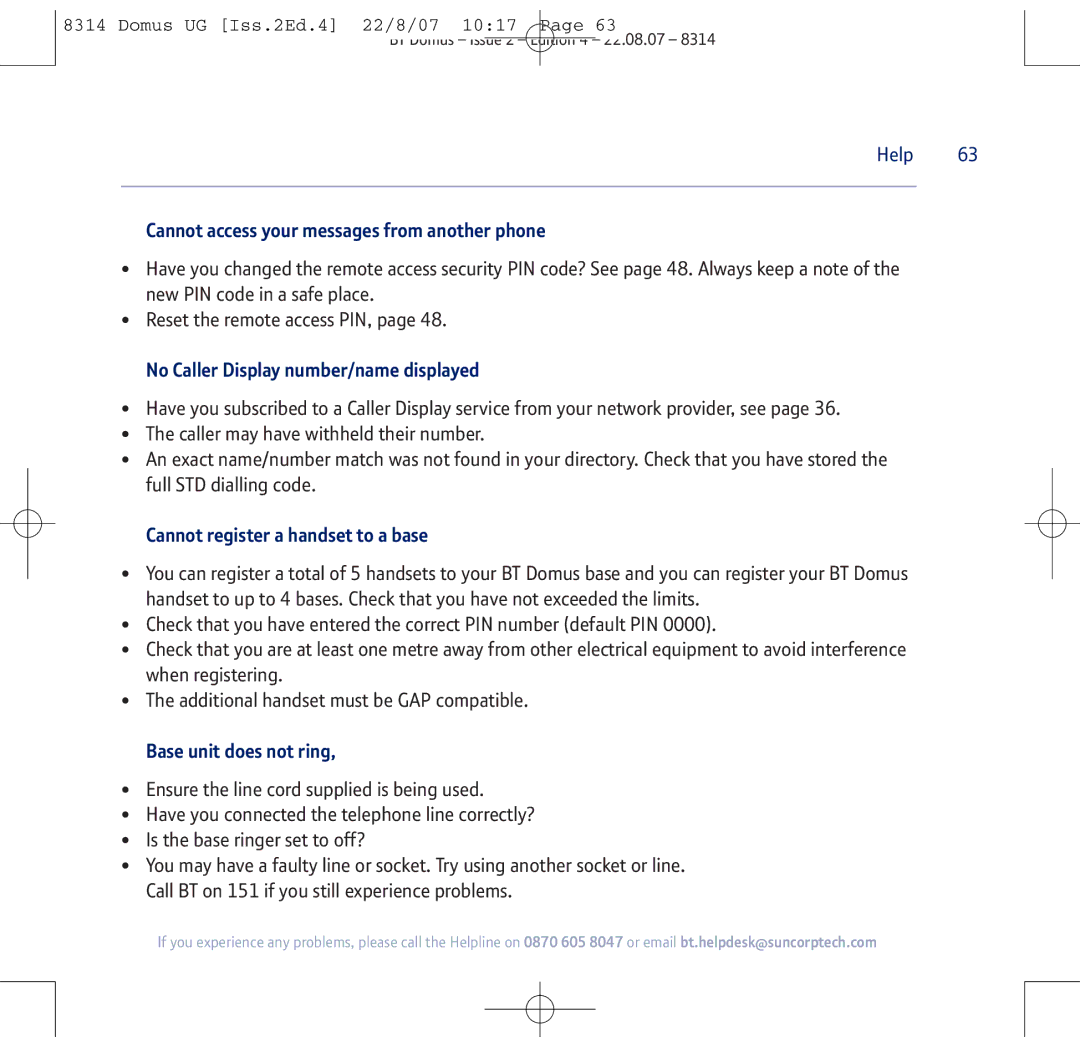 BT BT Domus manual Cannot access your messages from another phone, No Caller Display number/name displayed 