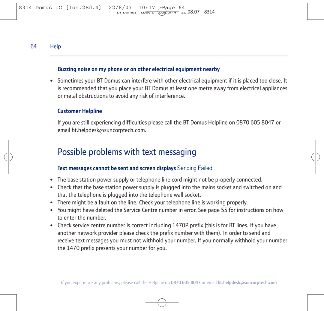 BT BT Domus manual Possible problems with text messaging, Customer Helpline 