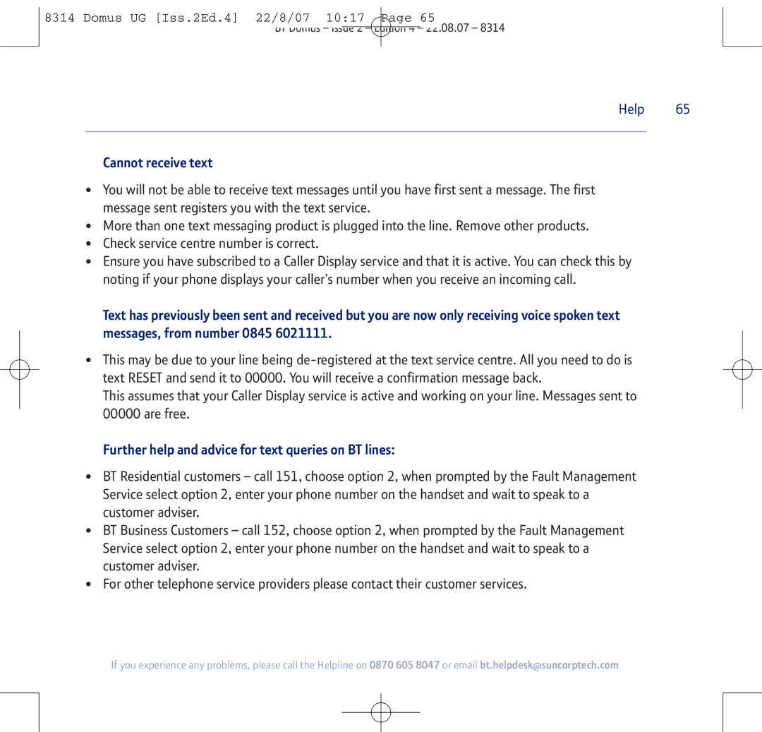 BT BT Domus manual Cannot receive text, Further help and advice for text queries on BT lines 