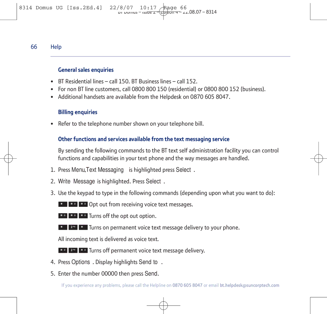 BT BT Domus manual General sales enquiries, Billing enquiries, Refer to the telephone number shown on your telephone bill 