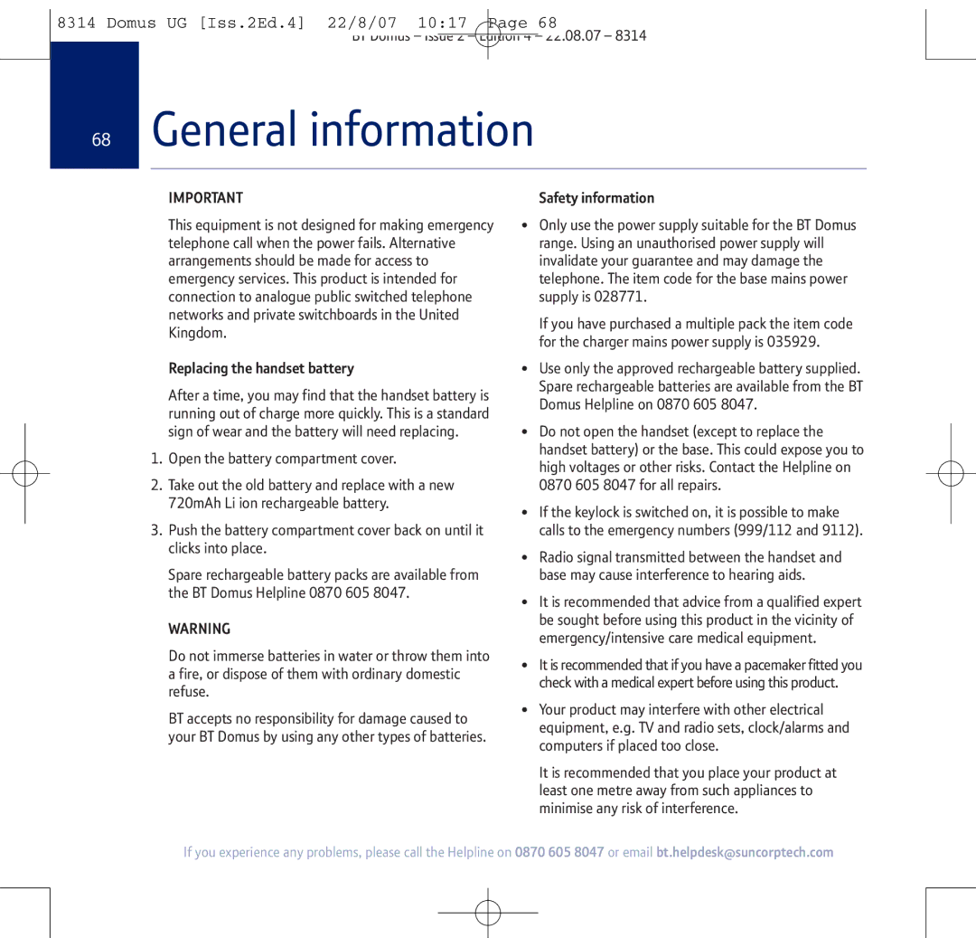 BT BT Domus manual General information, Replacing the handset battery 