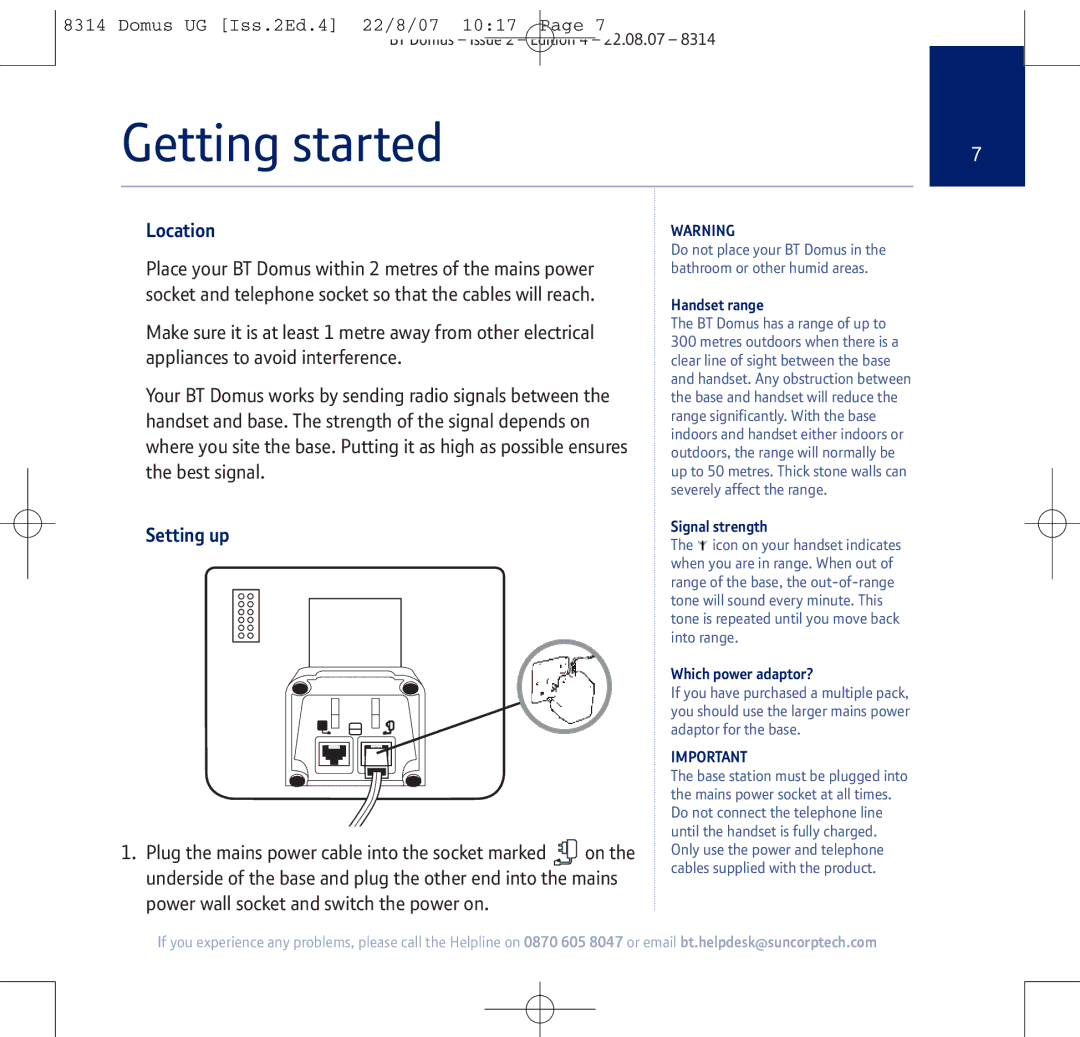 BT BT Domus manual Getting started, Location, Setting up 