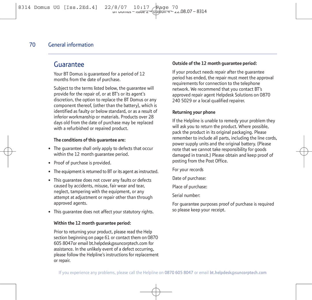 BT BT Domus manual Guarantee 