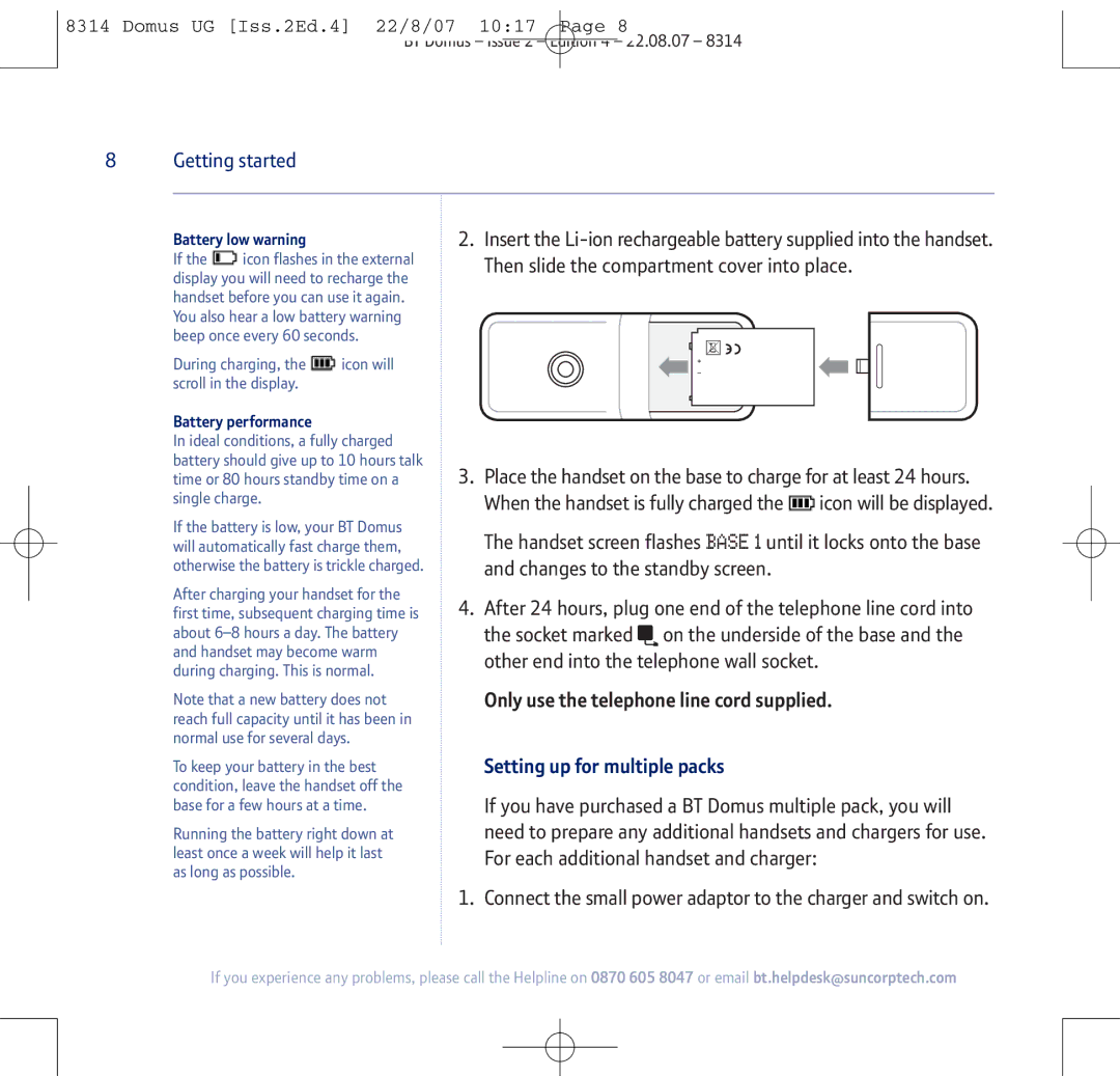 BT BT Domus manual Setting up for multiple packs, Battery low warning, Battery performance 