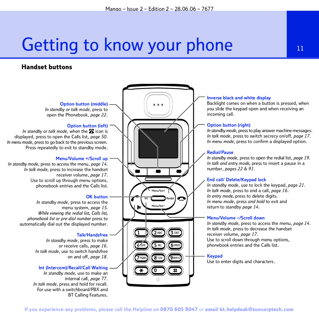 BT BT MANGO manual Getting to know your phone, Handset buttons 