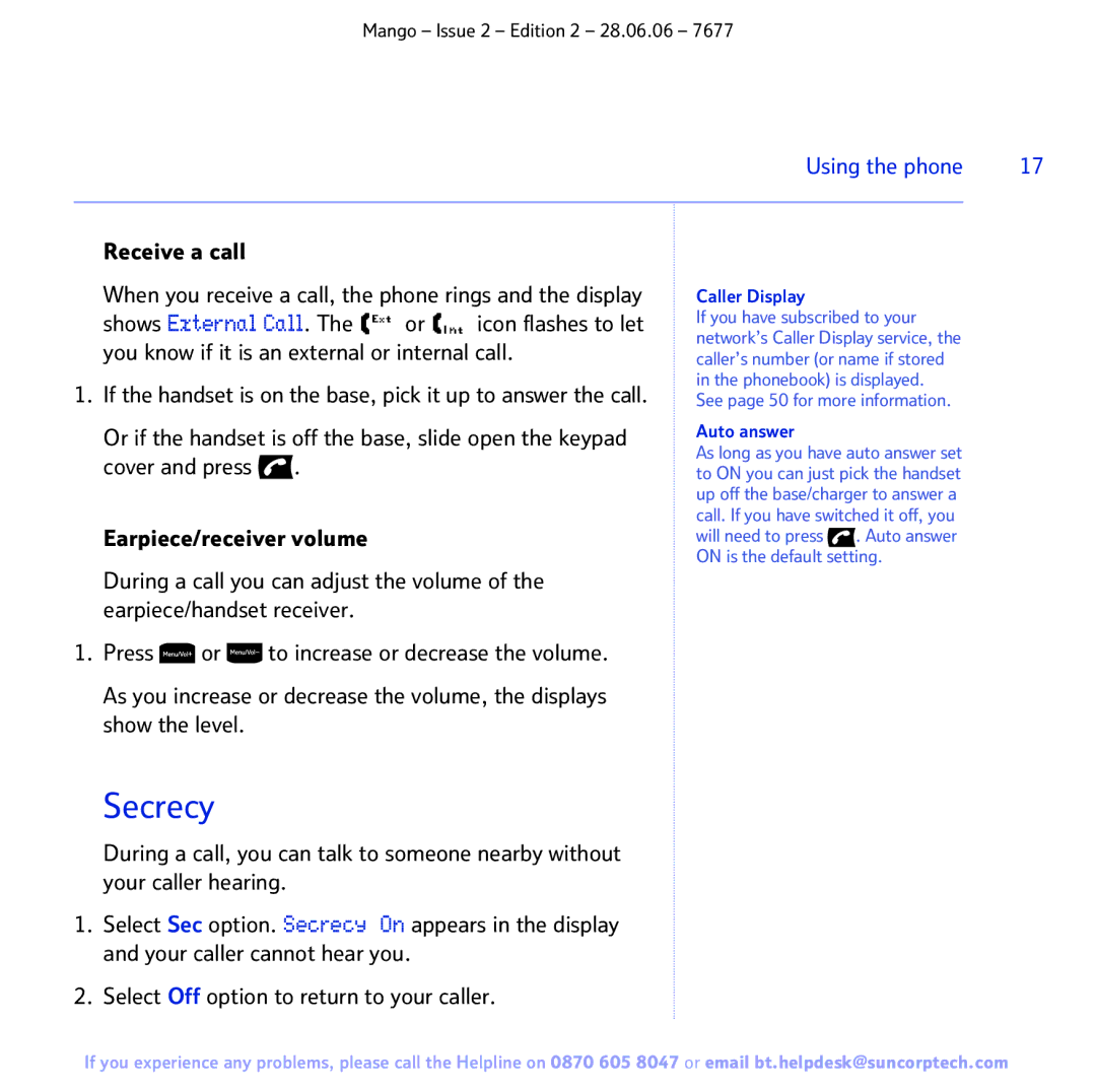 BT BT MANGO manual Secrecy, Receive a call 