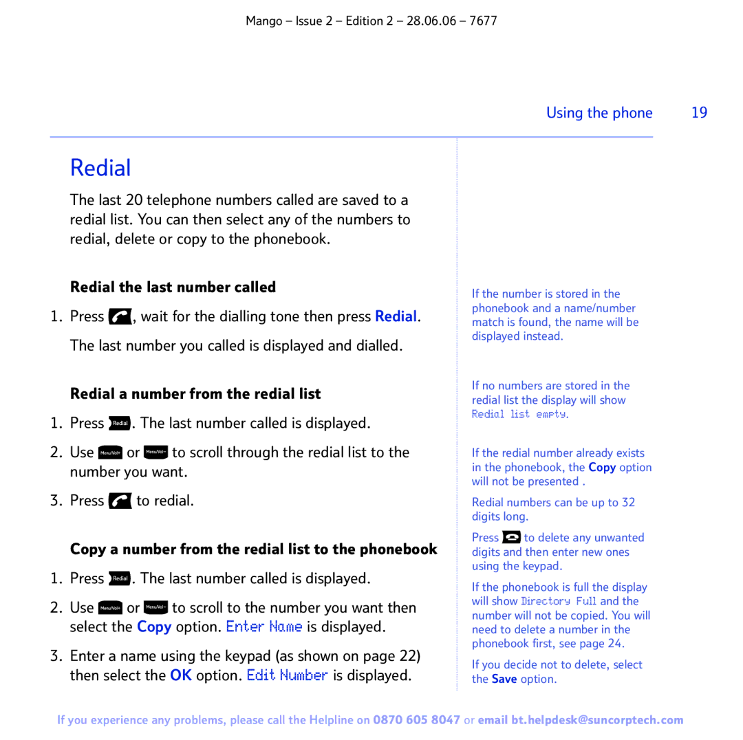 BT BT MANGO manual Redial the last number called 