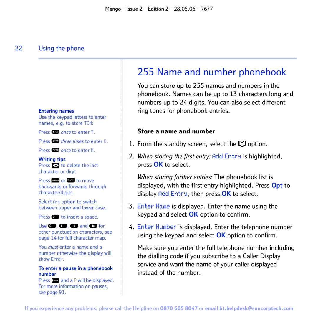 BT BT MANGO manual Name and number phonebook 