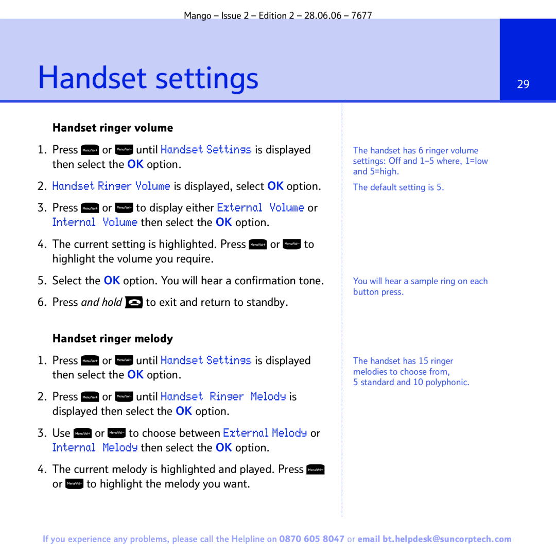 BT BT MANGO manual Handset settings, Or to highlight the melody you want 