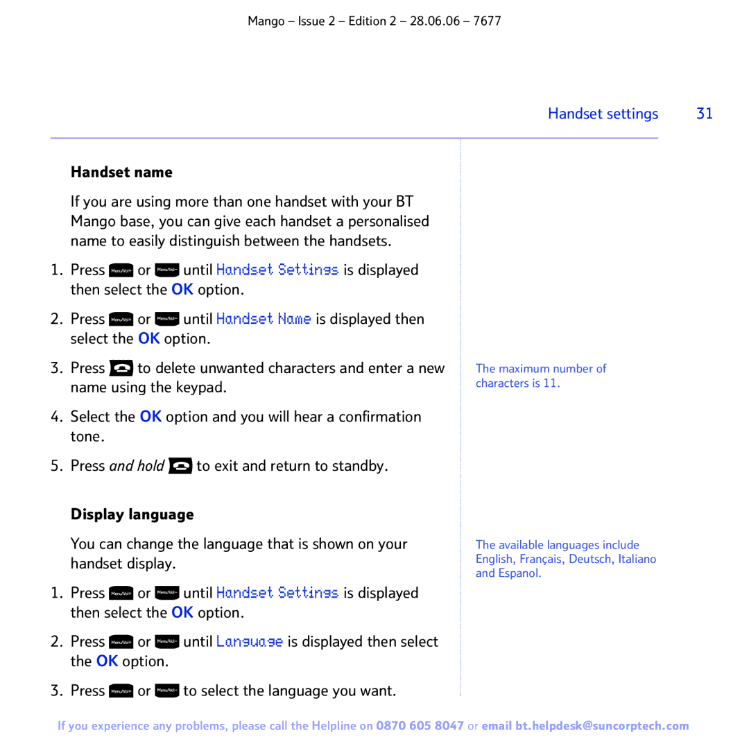 BT BT MANGO manual Handset name 