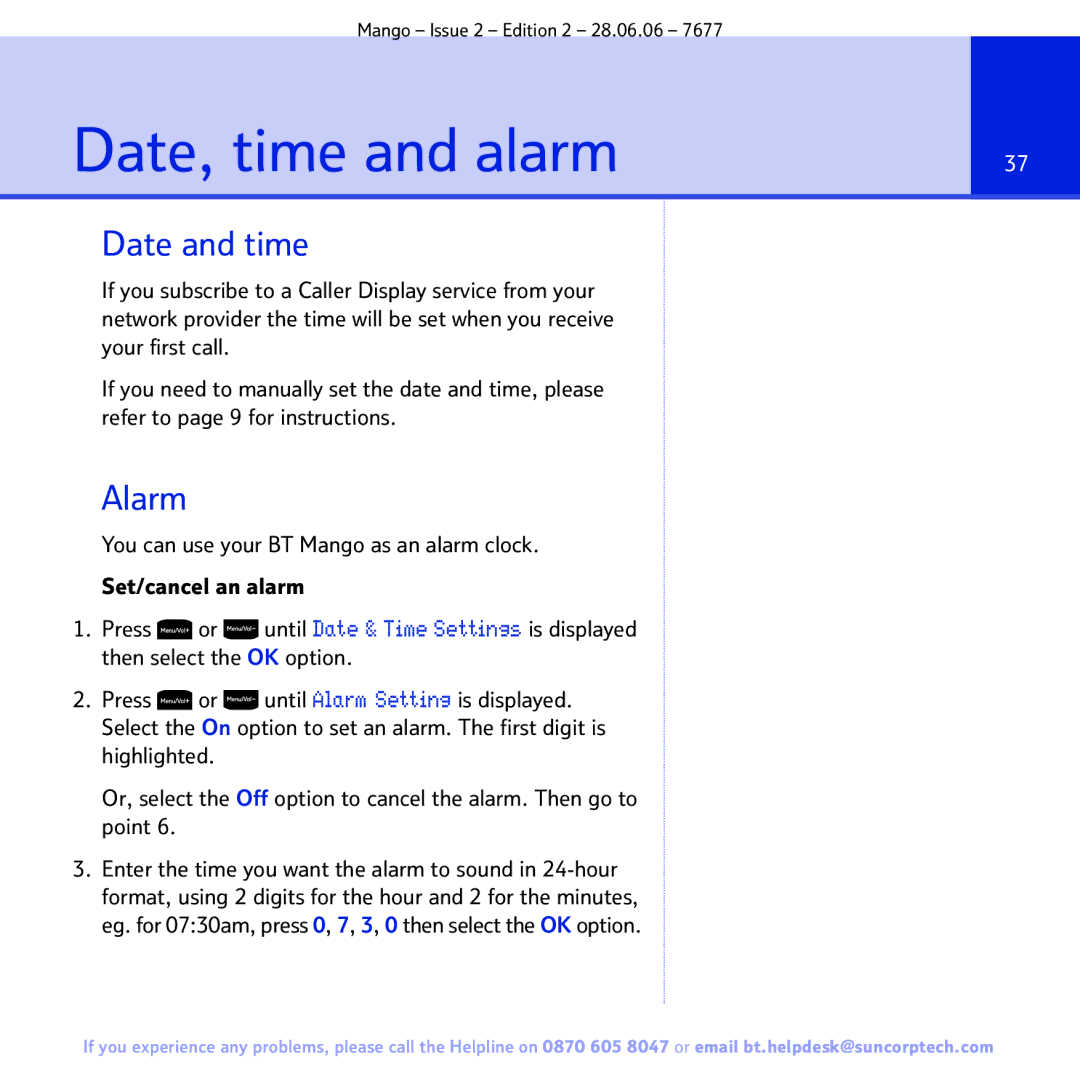 BT BT MANGO manual Date, time and alarm, Date and time, Alarm 