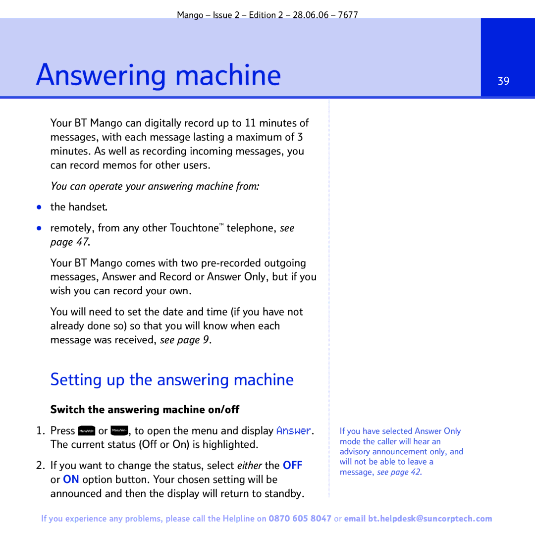 BT BT MANGO Answering machine, Setting up the answering machine, Handset Remotely, from any other Touchtone telephone, see 