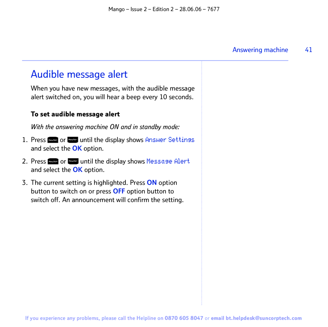 BT BT MANGO manual Audible message alert, To set audible message alert 