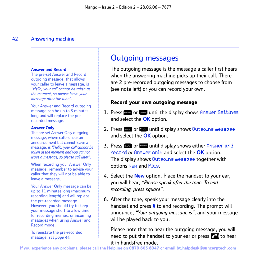 BT BT MANGO manual Outgoing messages, Answer and Record 