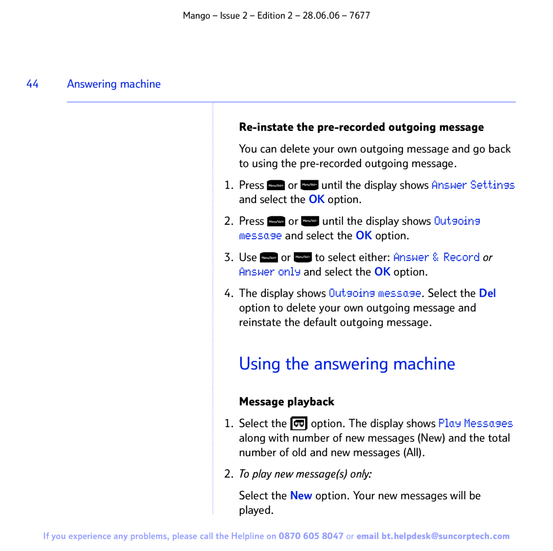 BT BT MANGO manual Using the answering machine, Re-instate the pre-recorded outgoing message, Message playback 