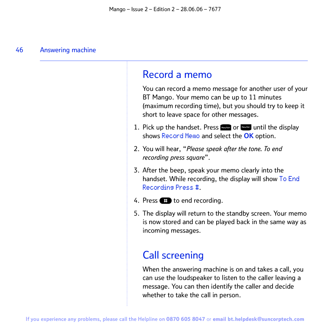 BT BT MANGO manual Record a memo, Call screening 