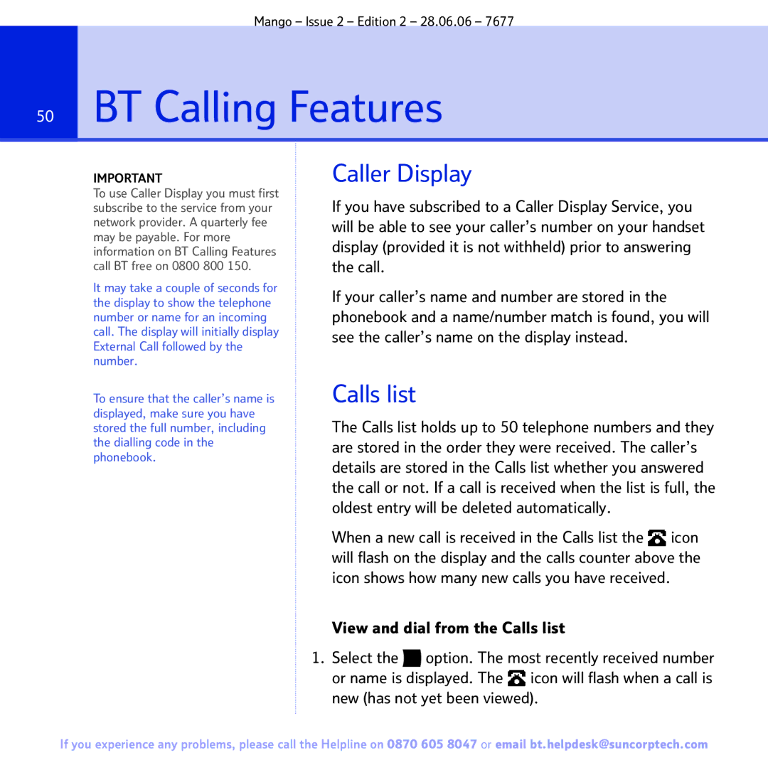 BT BT MANGO manual BT Calling Features, Caller Display, Calls list 