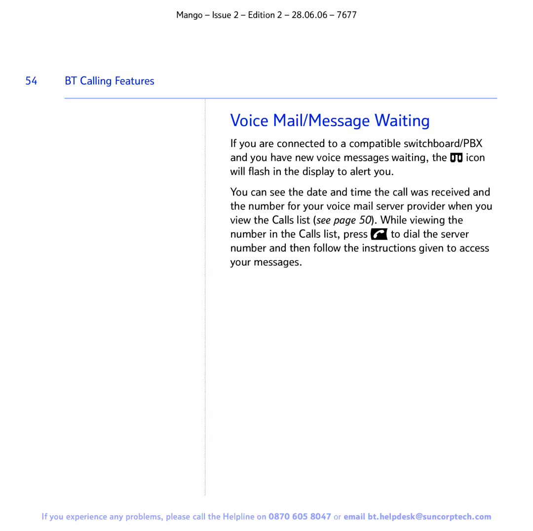 BT BT MANGO manual Voice Mail/Message Waiting 