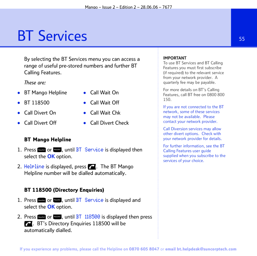 BT BT MANGO manual BT Services, These are 