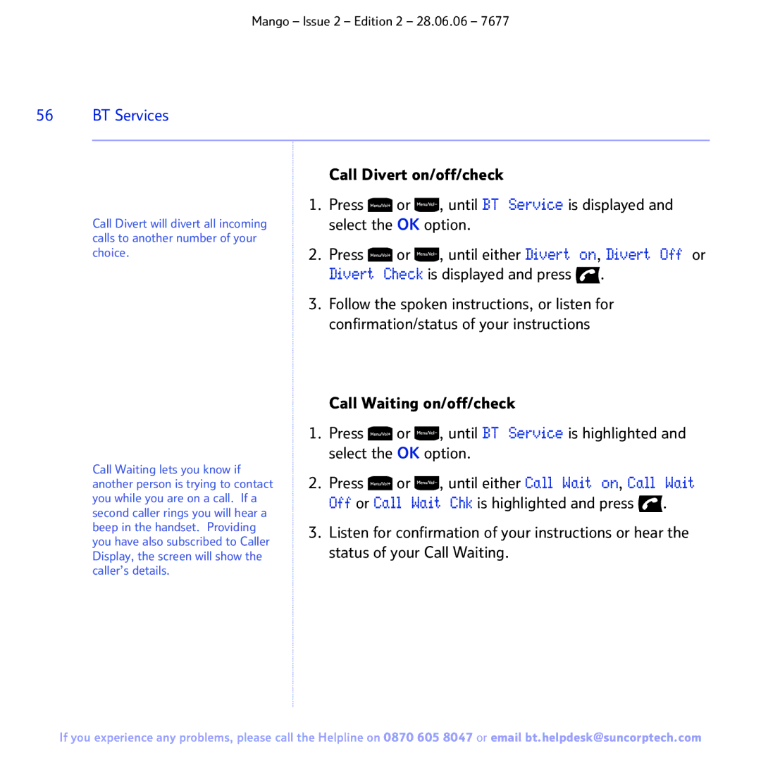 BT BT MANGO manual Select the OK option, Press Until either Divert, Call Waiting on/off/check 