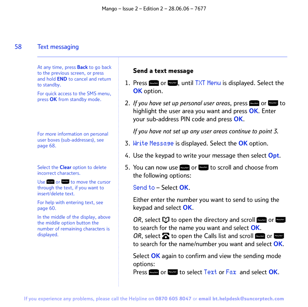 BT BT MANGO manual Send a text message, OK option, Your sub-address PIN code and press OK 