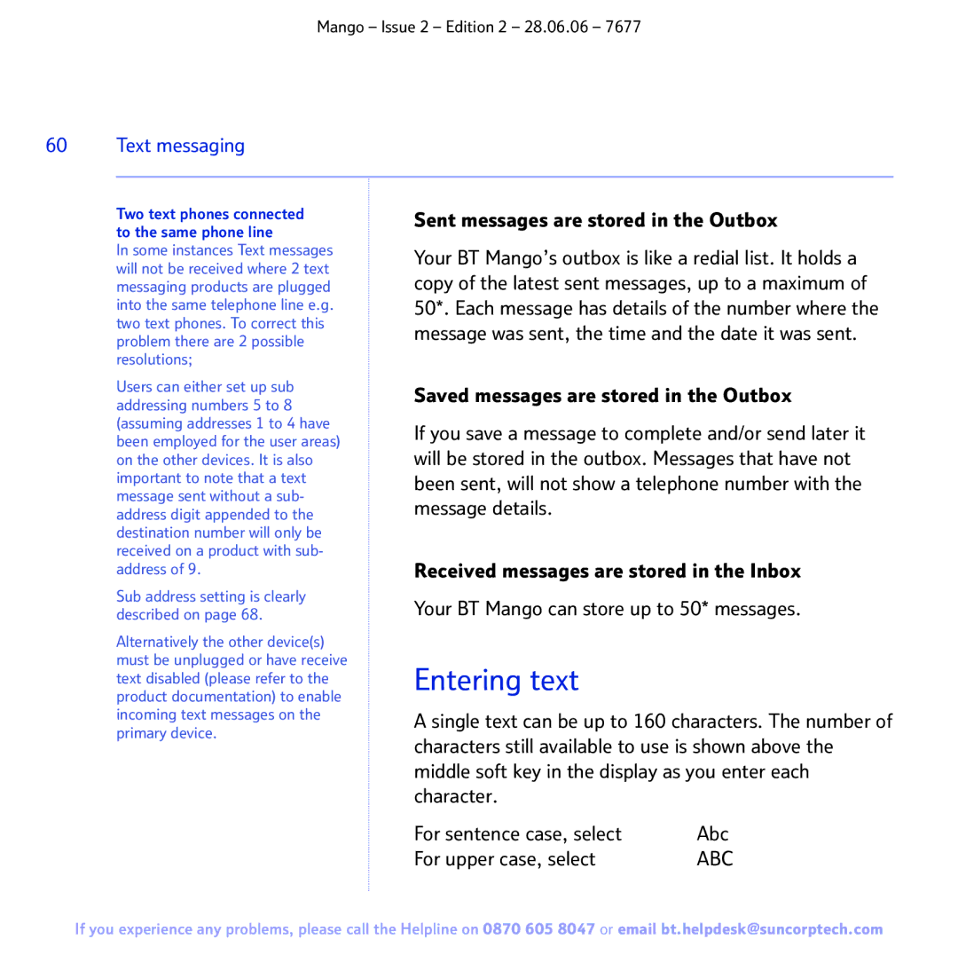 BT BT MANGO manual Entering text, Sent messages are stored in the Outbox 
