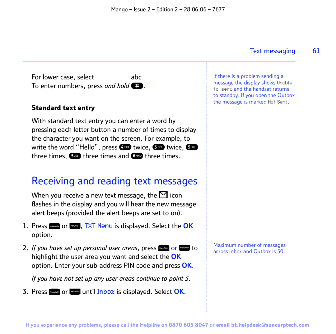 BT BT MANGO manual Receiving and reading text messages, Standard text entry, Press or until Inbox is displayed. Select OK 