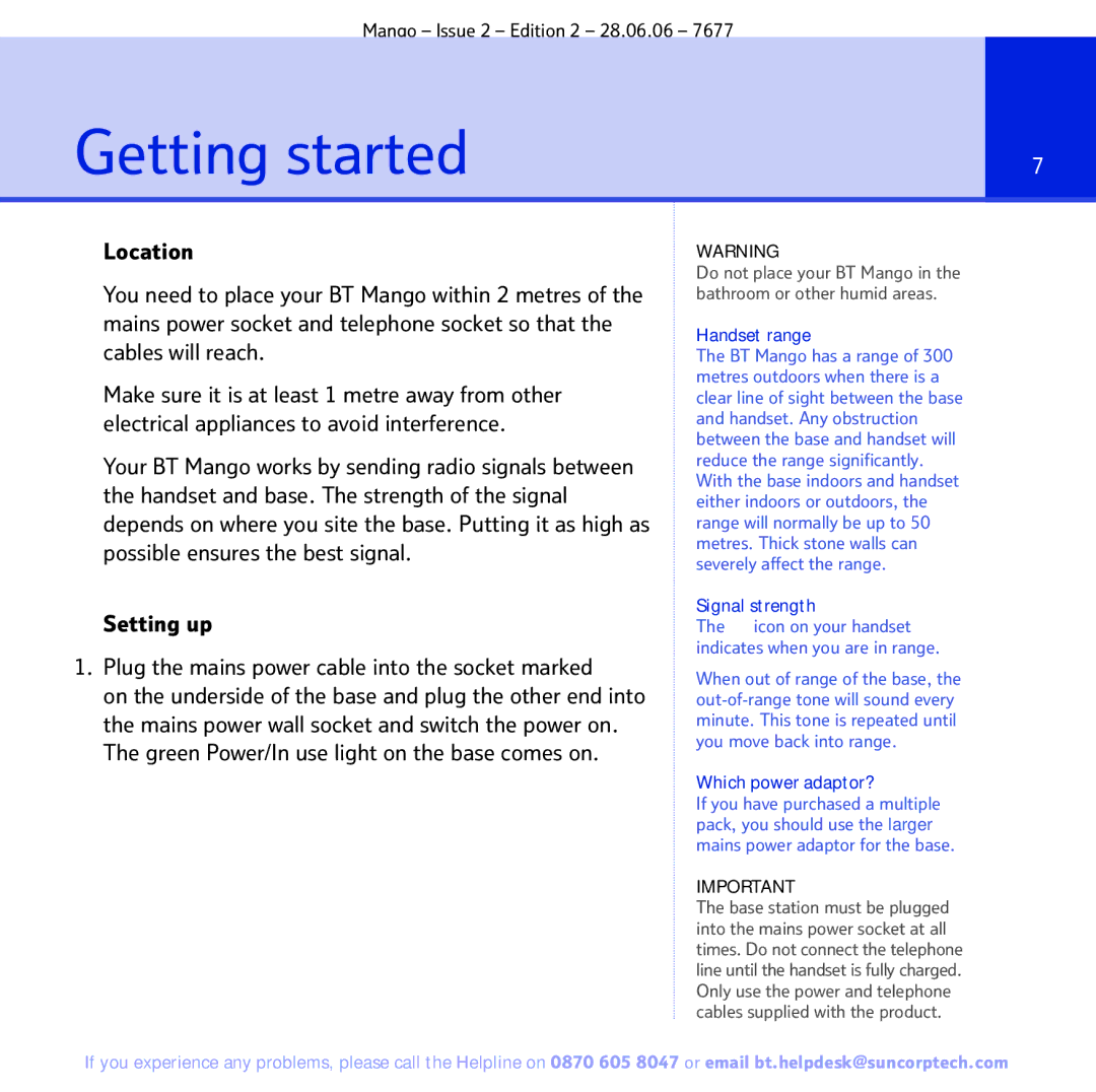 BT BT MANGO manual Getting started, Setting up 