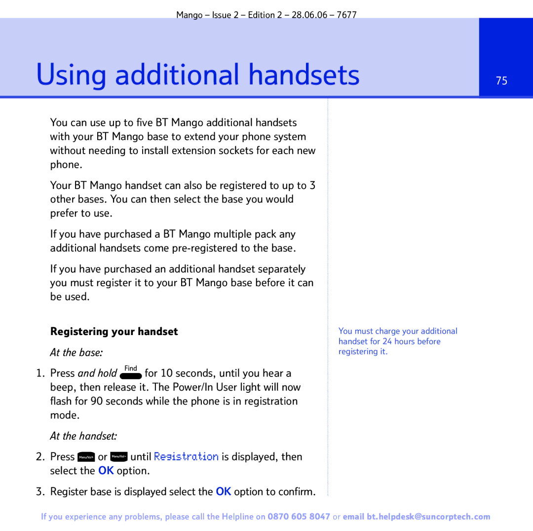 BT BT MANGO manual Using additional handsets, Flash for 90 seconds while the phone is in registration mode 