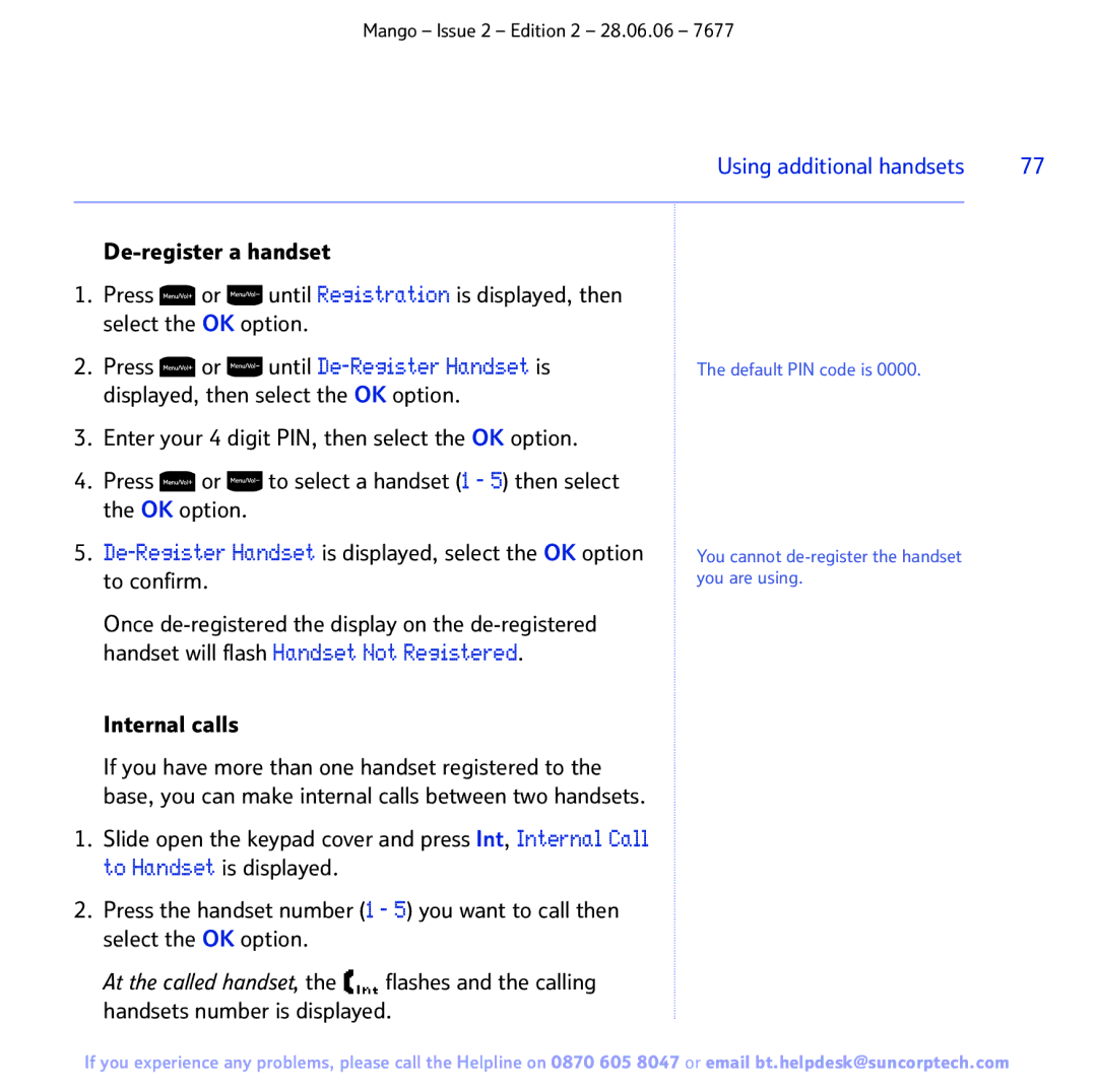 BT BT MANGO manual Until De-Register Handset is, Internal calls 